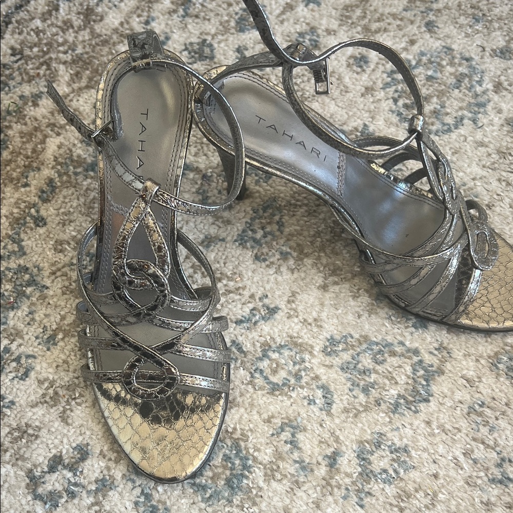 Tahari Metallic Silver Strappy High-Heel Sandals